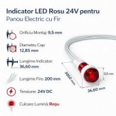 Bec indicator 24V cu led rosu si cablu de 15 cm, MD40141