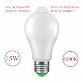 Bec led alb rece 6500K, 15W, dulie E27, cu senzor de miscare, MD80636
